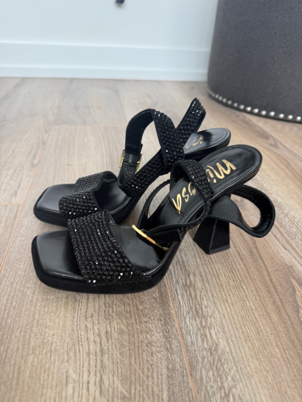 Black Studded Block Heels